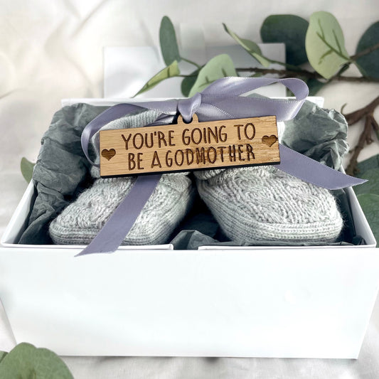 Guess What 'You're going to be a Godmother' Pregnancy Announcement Gift Boxed Grey Booties