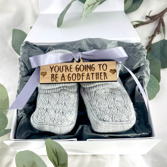 Guess What 'You're going to be a Godfather' Pregnancy Announcement Gift Boxed Grey Booties