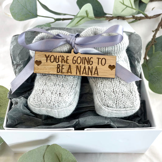 Guess What 'You're going to be a Nana' Pregnancy Announcement Gift Boxed Grey Booties
