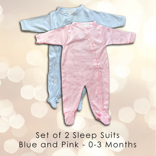 Baby Grow Sleep Suit - Set of Pink and Blue - 0-3 Months