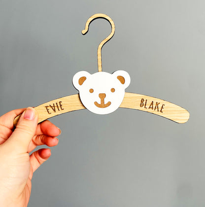 Personalised New Baby Clothes Hanger Wooden Hanger with Bear Face - Oak Wood