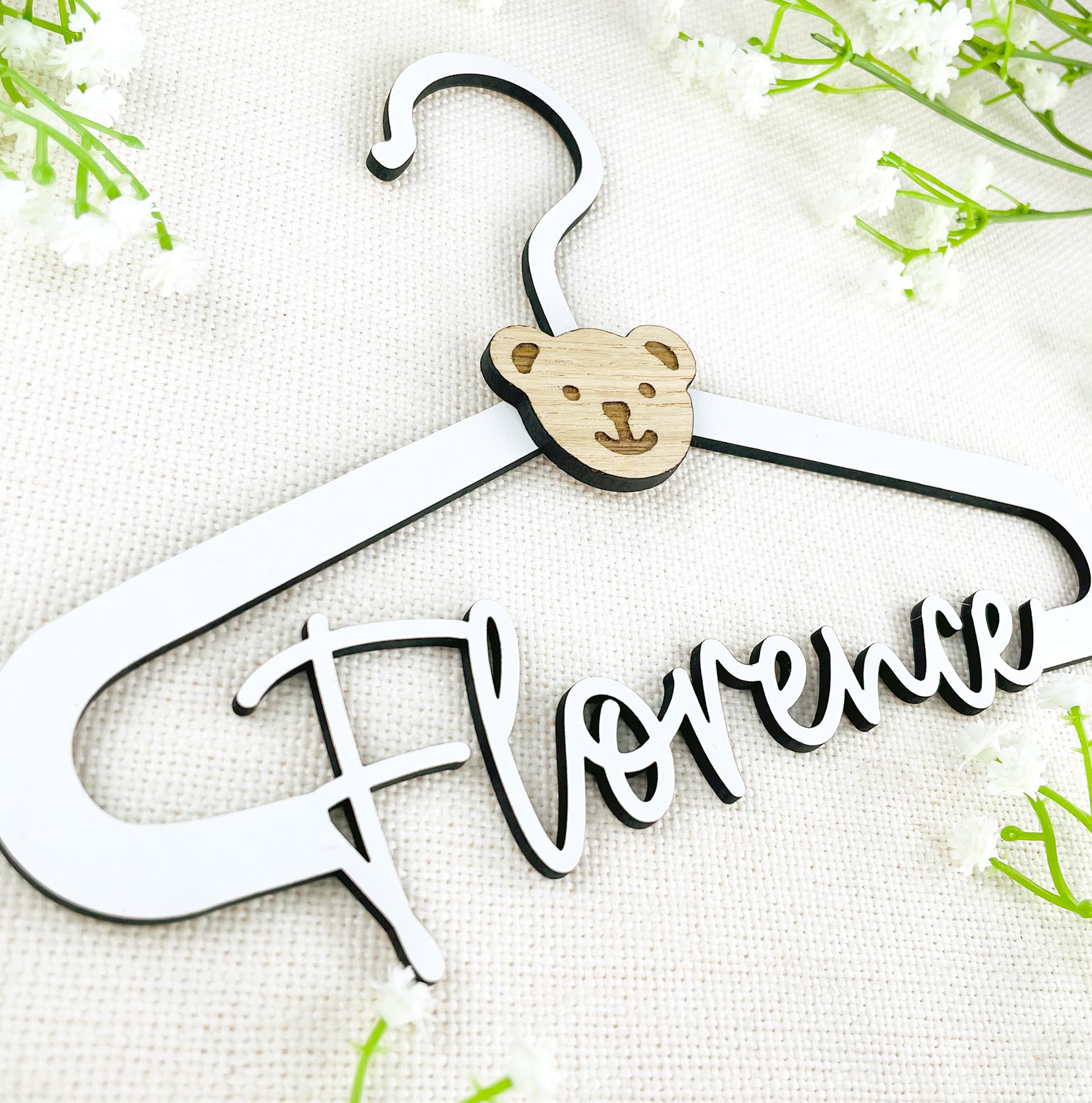 Personalised New Baby Clothes Hanger Wooden Hanger with Bear Face - White Wood