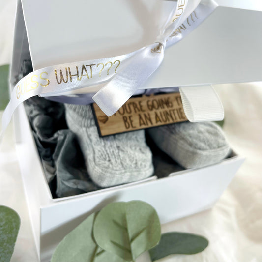 Guess What 'You're going to be an Auntie' Pregnancy Announcement Gift Boxed Grey Booties