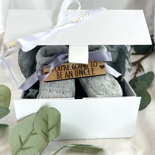 Guess What 'You're going to be an Uncle' Pregnancy Announcement Gift Boxed Grey Booties