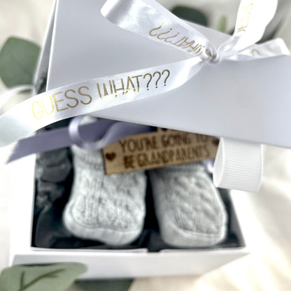 Guess What 'You're going to be Grandparents' Pregnancy Announcement Gift Boxed Grey Booties