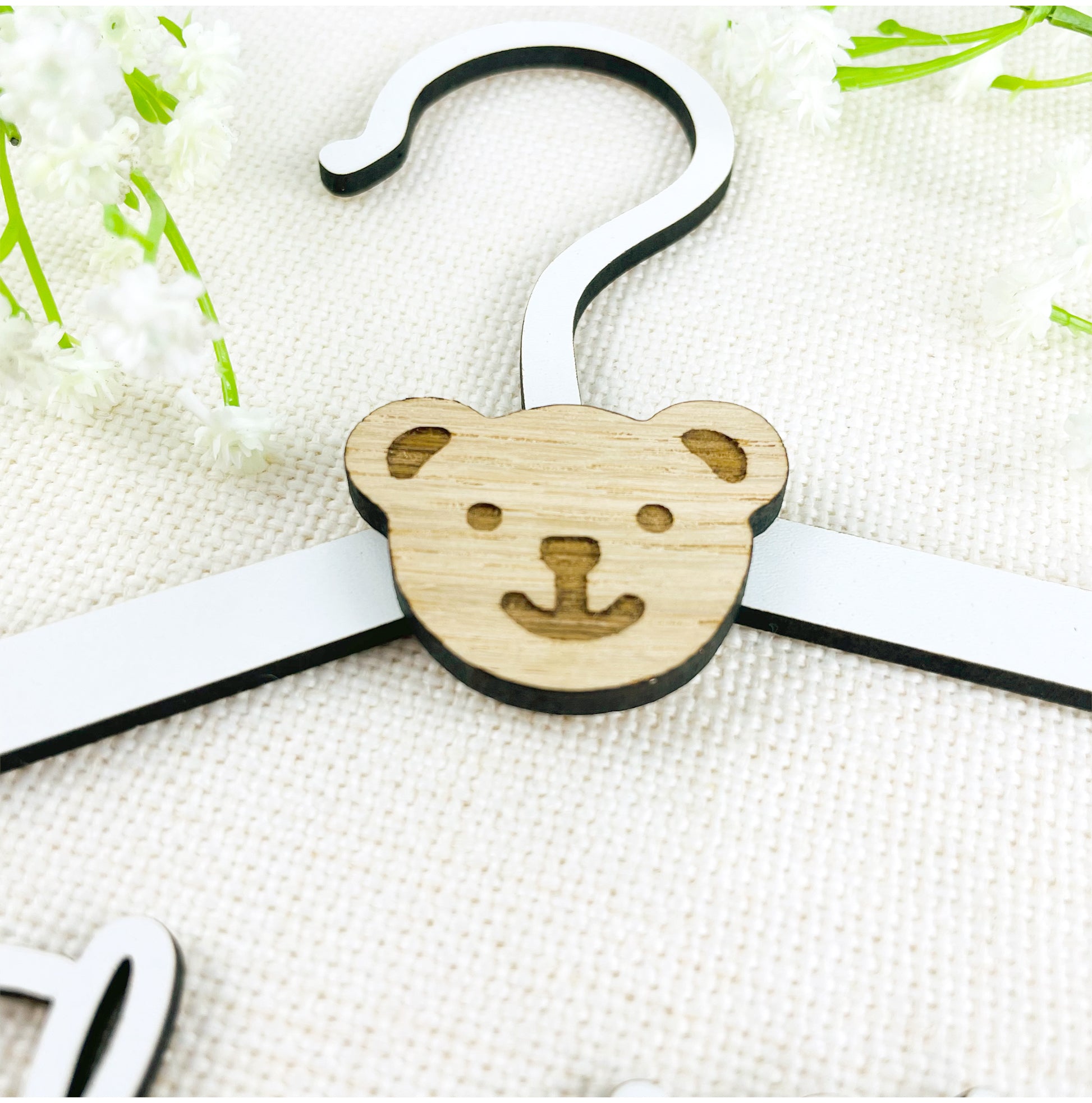 Personalised New Baby Clothes Hanger Wooden Hanger with Bear Face - White Wood