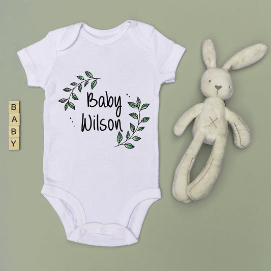 Personalised Baby Surname Botanical Leaf Wreath Baby Grow Vest