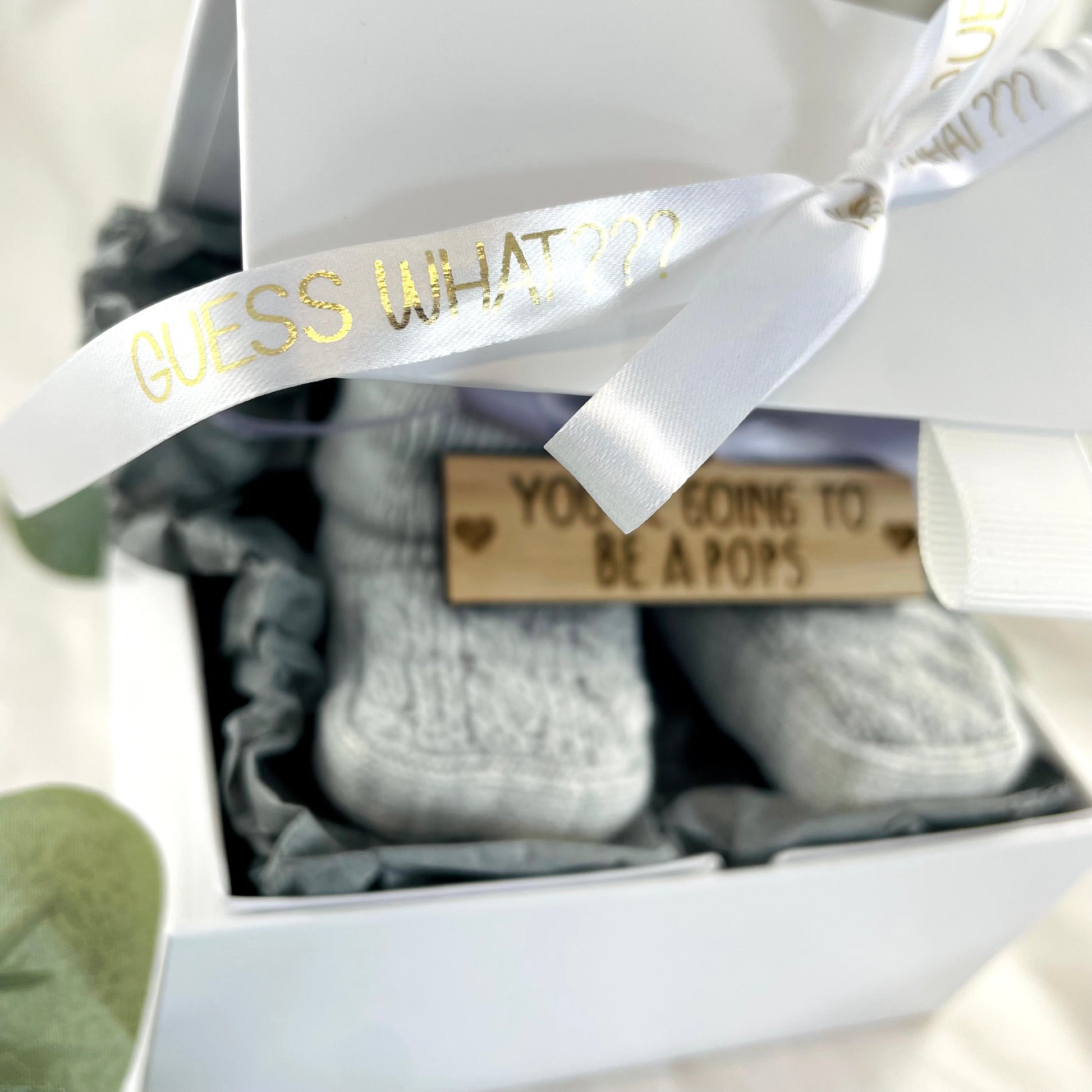 Guess What 'You're going to be a Pops' Pregnancy Announcement Gift Boxed Grey Booties
