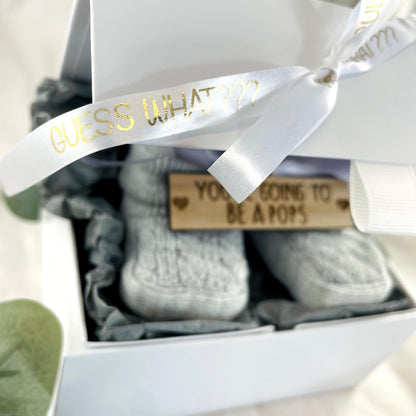 Guess What 'You're going to be a Pops' Pregnancy Announcement Gift Boxed Grey Booties