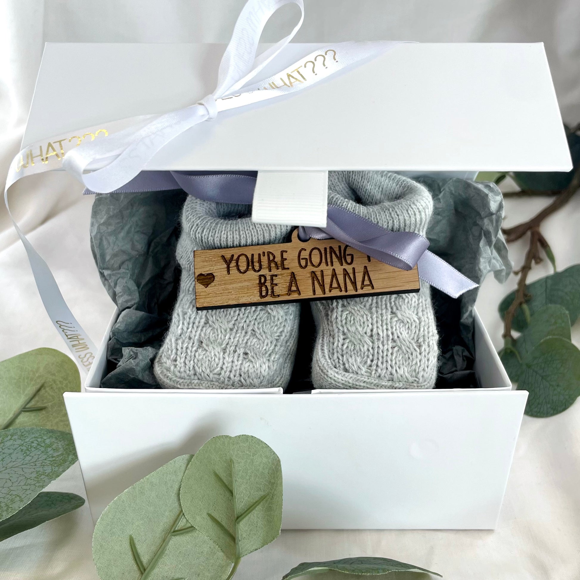 Guess What 'You're going to be a Nana' Pregnancy Announcement Gift Boxed Grey Booties