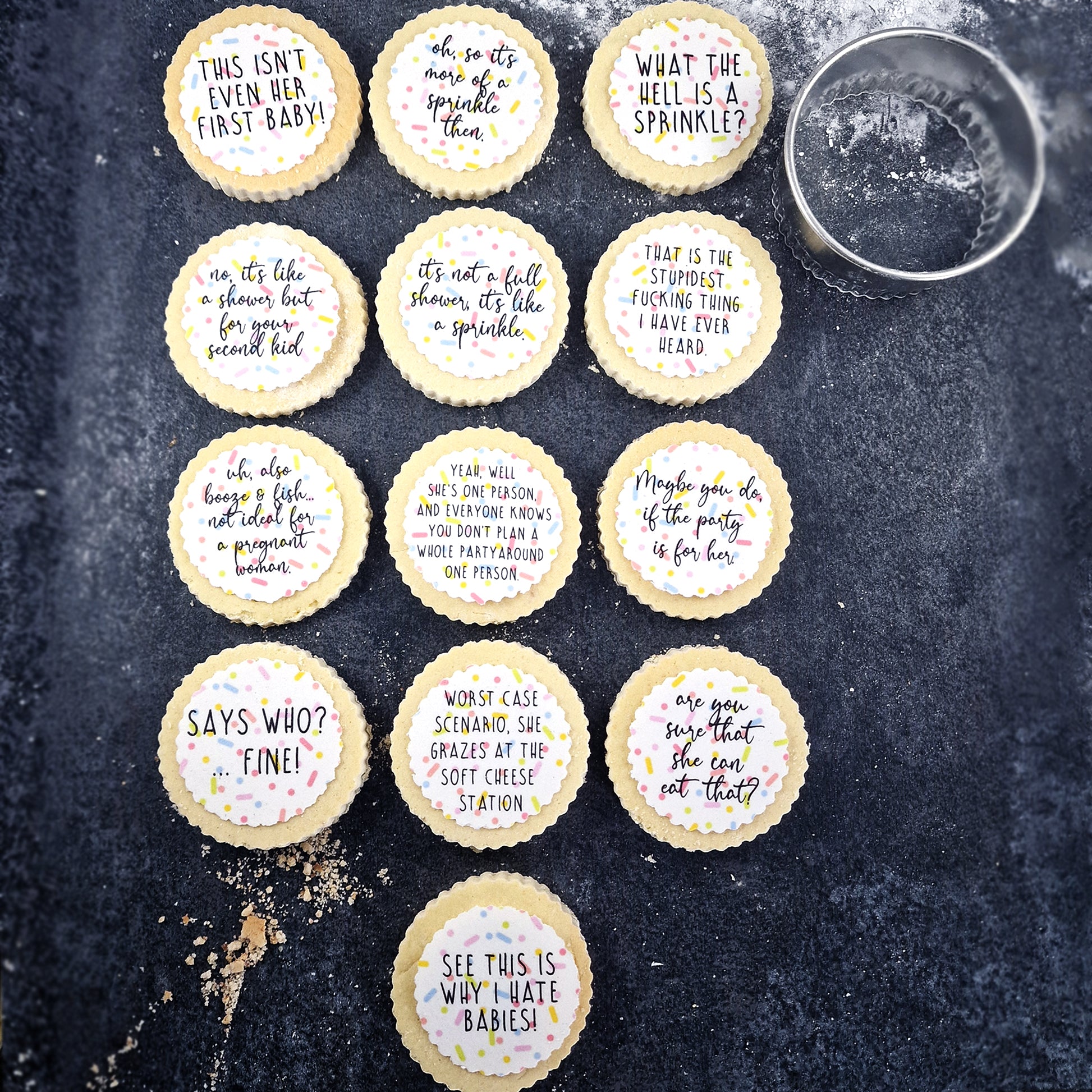 Baby Shower 'This isn't even her first baby!' Sprinkle Cupcake Biscuit Toppers x 13 - Baby Shower Cake - Funny Baby Shower - Mummy Again