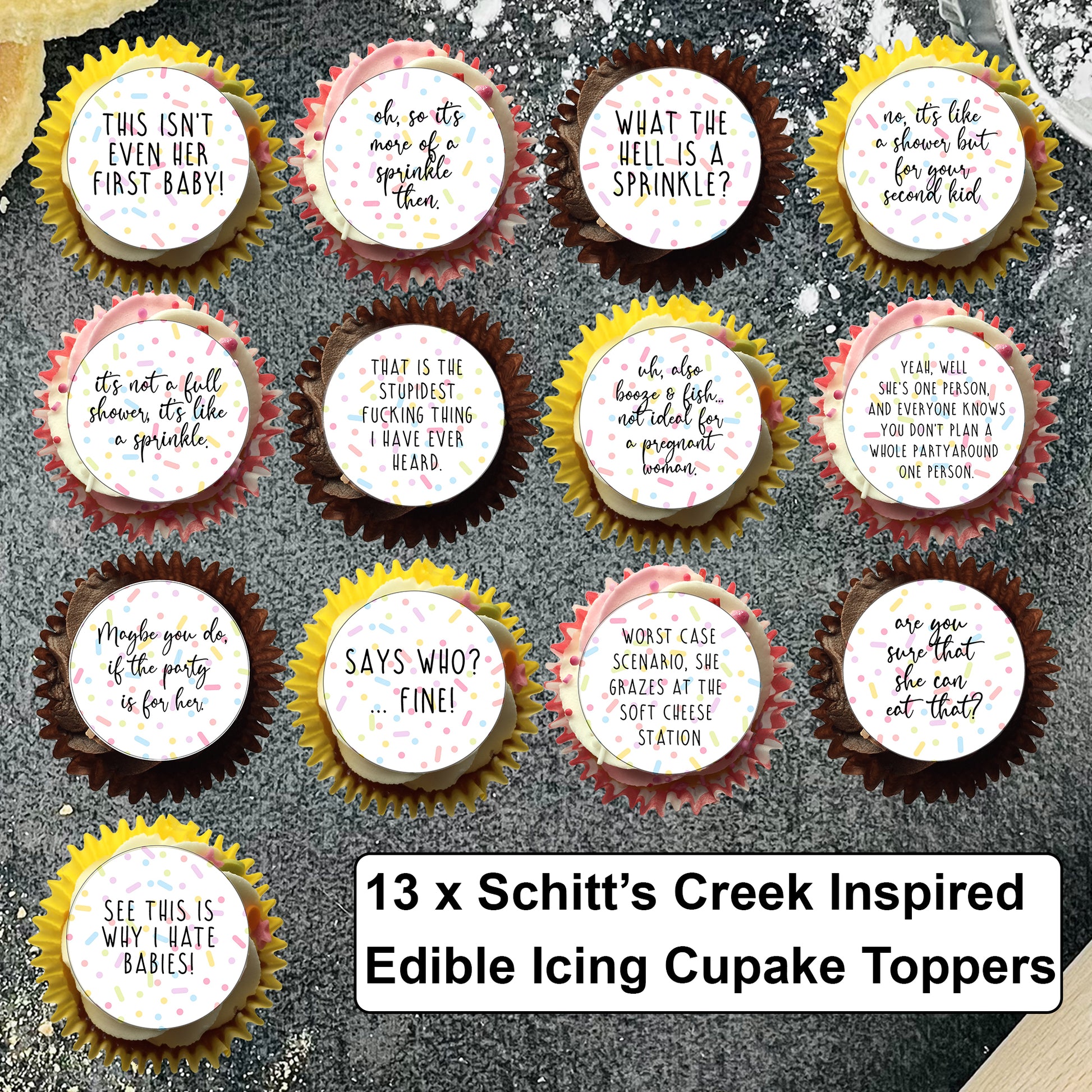 Baby Shower 'This isn't even her first baby!' Sprinkle Cupcake Biscuit Toppers x 13 - Baby Shower Cake - Funny Baby Shower - Mummy Again