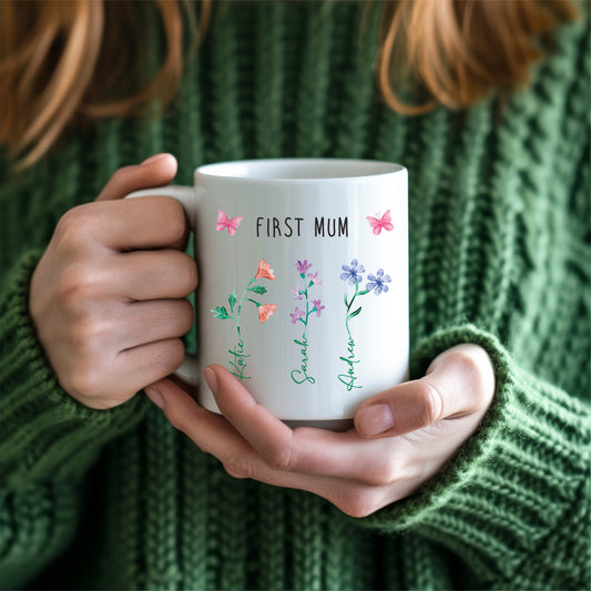 Personalised 'First Mum - Now Grandma' Flowers Mug - Mothers Day Gift for Mum and Grandma with Kids Names