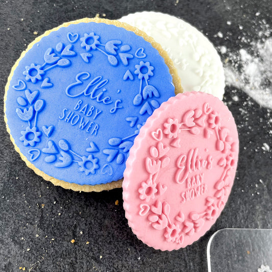 Personalised Baby Shower Icing Stamp Embosser for Biscuits, Cookies, Cupcakes - Flowers & Hearts