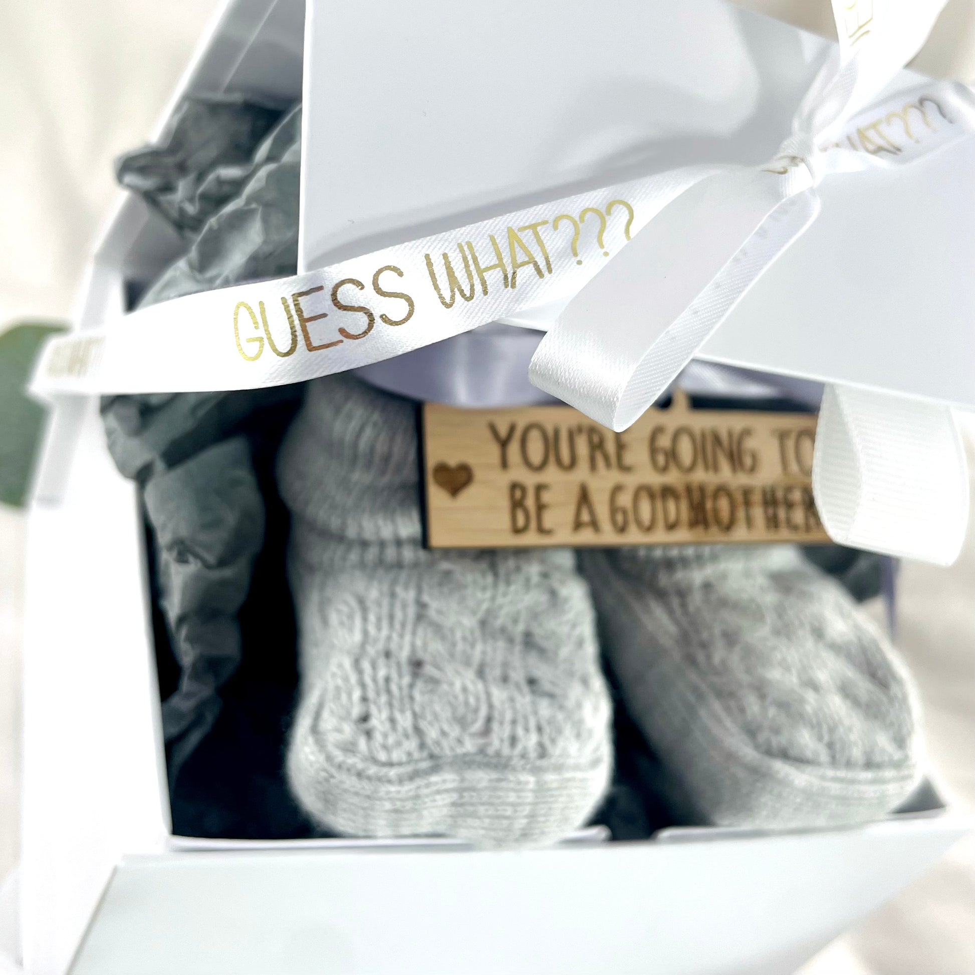 Guess What 'You're going to be a Godmother' Pregnancy Announcement Gift Boxed Grey Booties