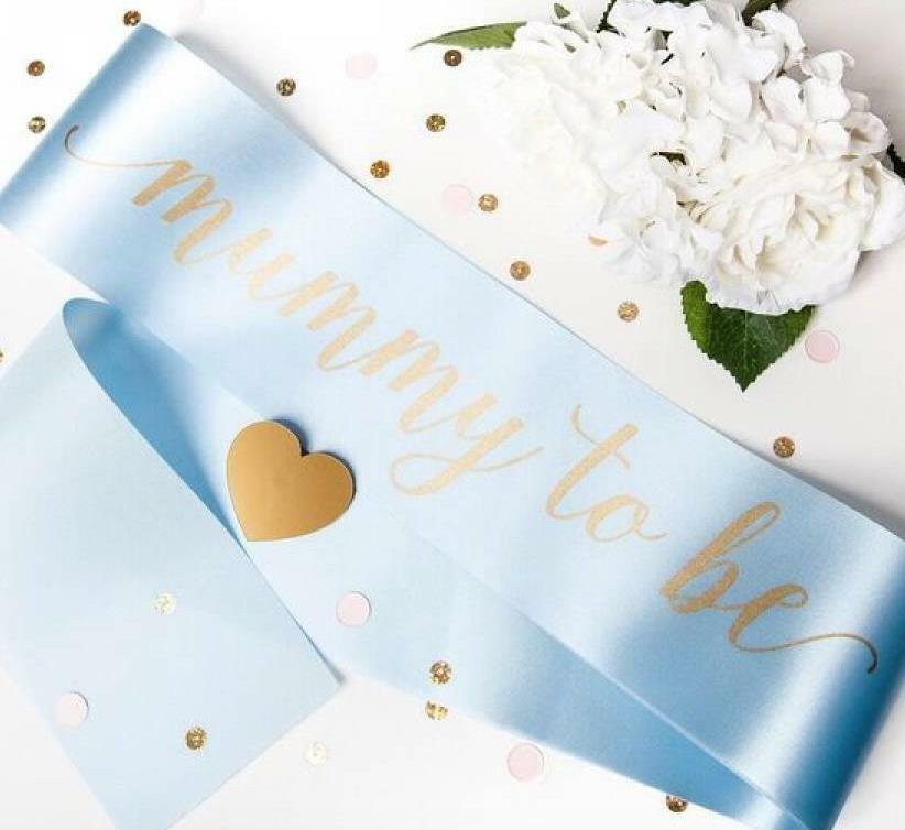 Mummy to Be Baby Shower, Gender Reveal Sash - Baby Blue with Gold Text