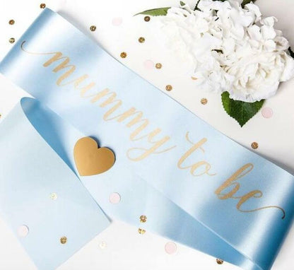Mummy to Be Baby Shower, Gender Reveal Sash - Baby Blue with Gold Text