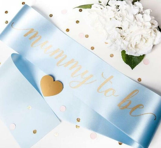 Mummy to Be Baby Shower, Gender Reveal Sash - Baby Blue with Gold Text