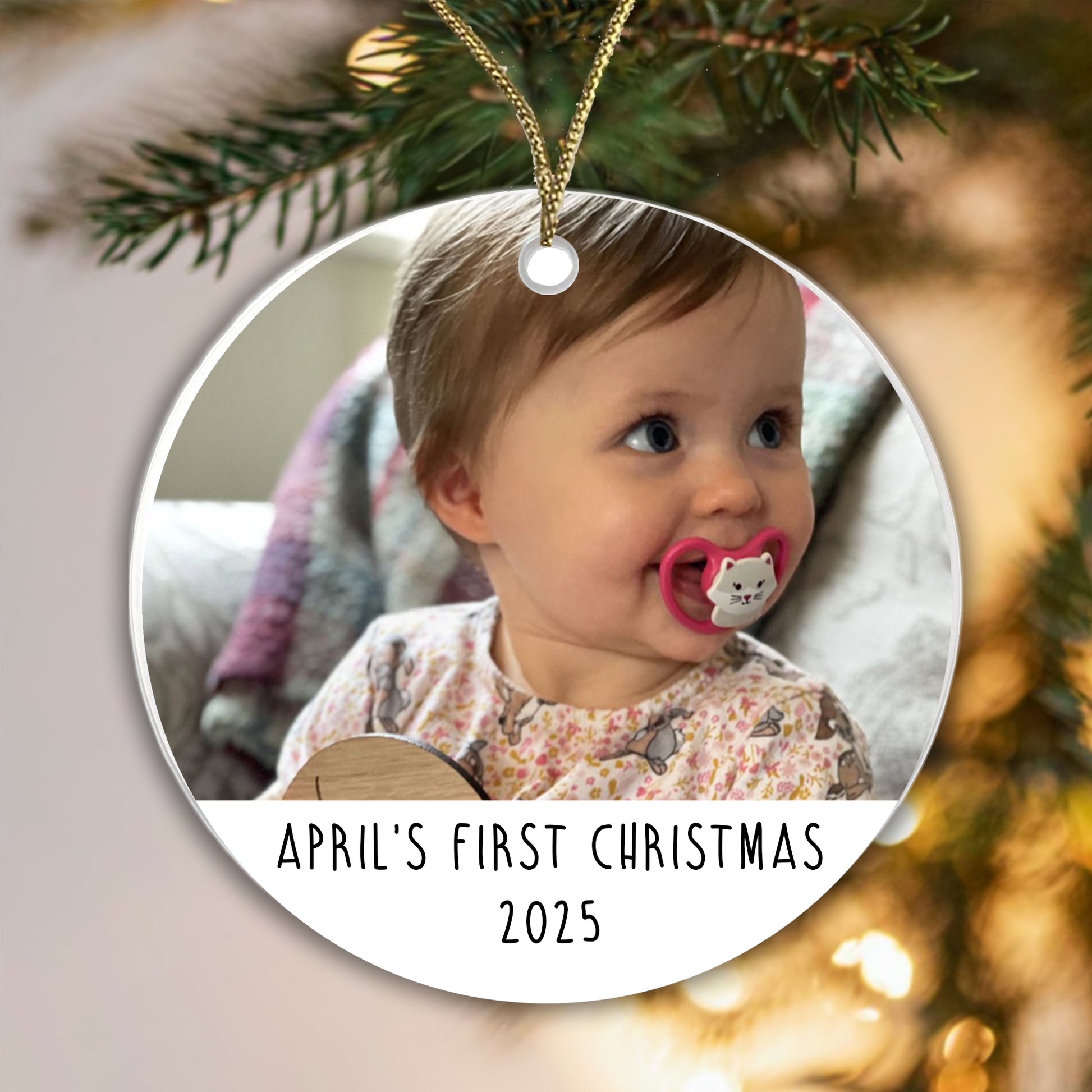Personalised First Christmas Bauble Baby Photo Ceramic - Add the Year, Your Baby's Name and their photo! 