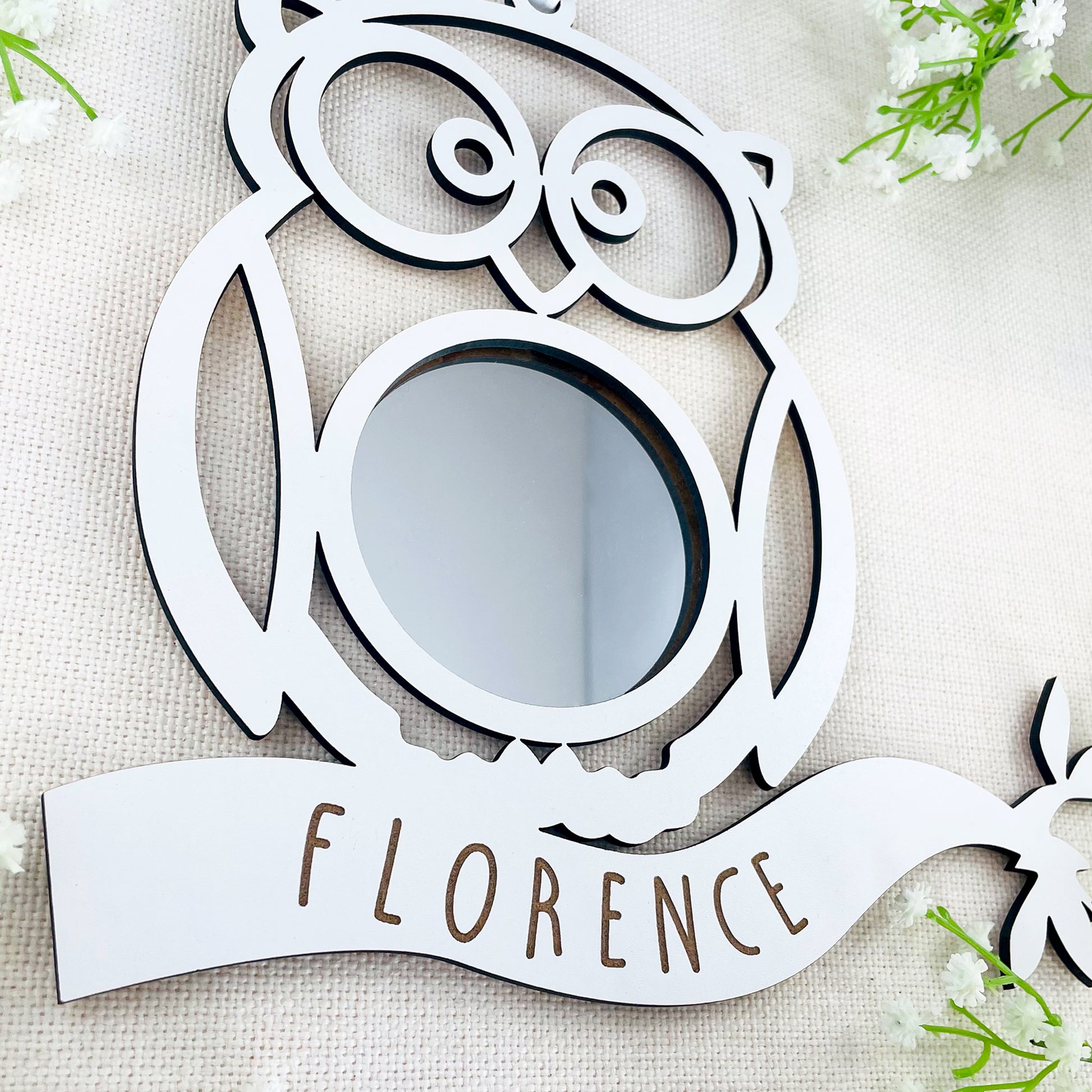 Personalised White Wood Owl Mirror - New Baby Gift - Nursery Decor - Bedroom Decor - Animal Room Accessories