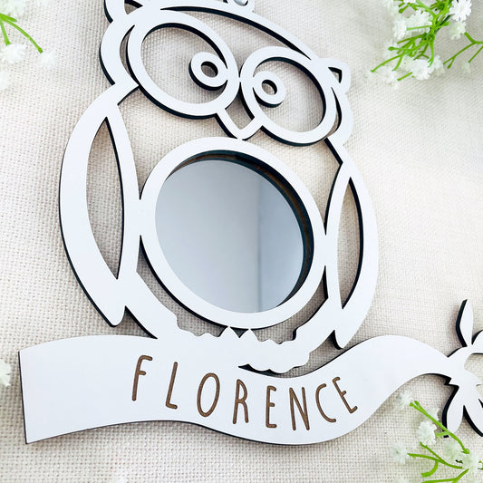 Personalised White Wood Owl Mirror - New Baby Gift - Nursery Decor - Bedroom Decor - Animal Room Accessories