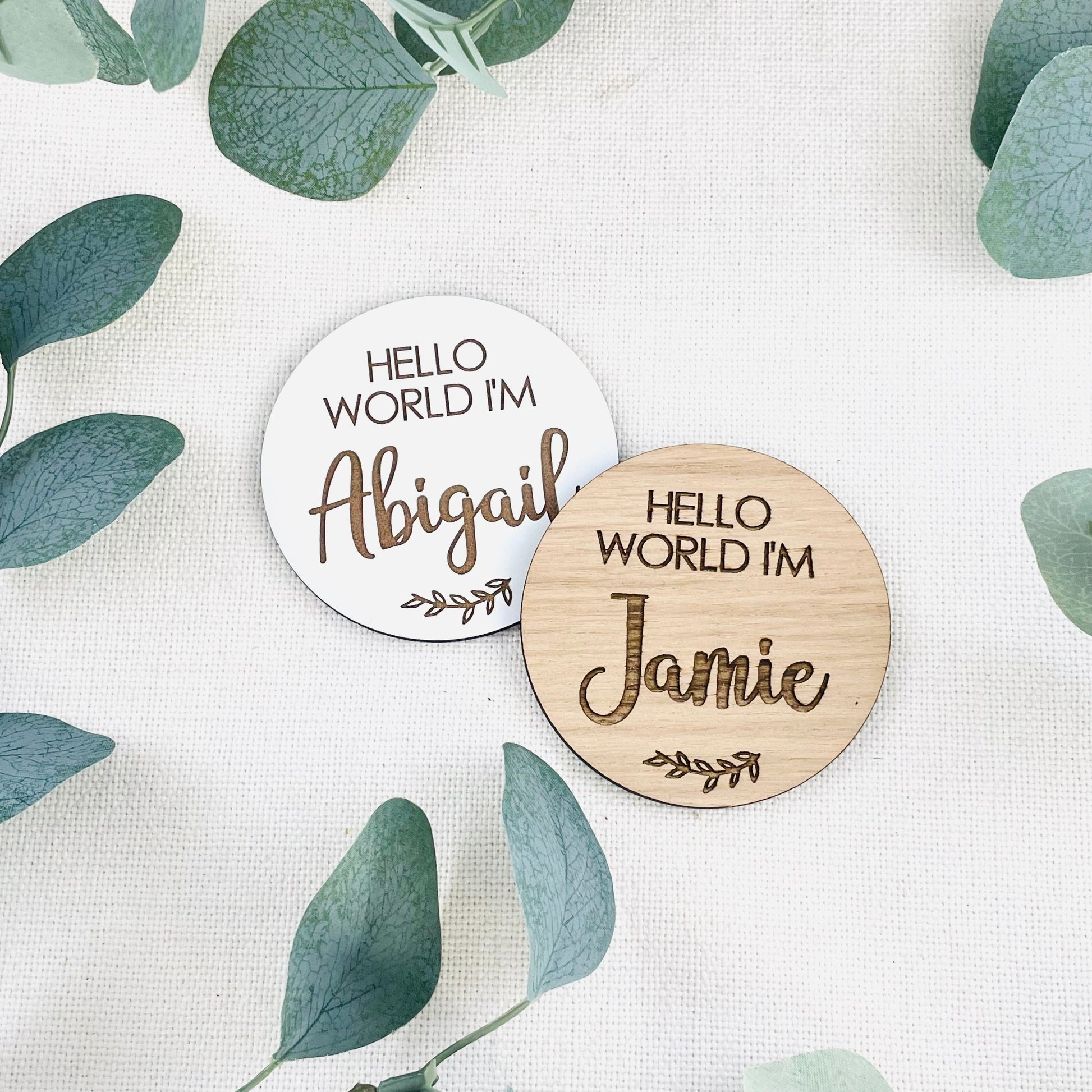 Hello World I'm Name Wooden Disk Photo Prop - Add any Name
