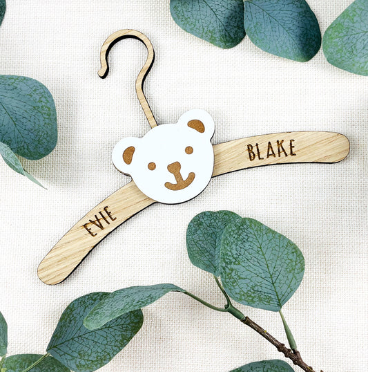 Personalised New Baby Clothes Hanger Wooden Hanger with Bear Face - Oak Wood