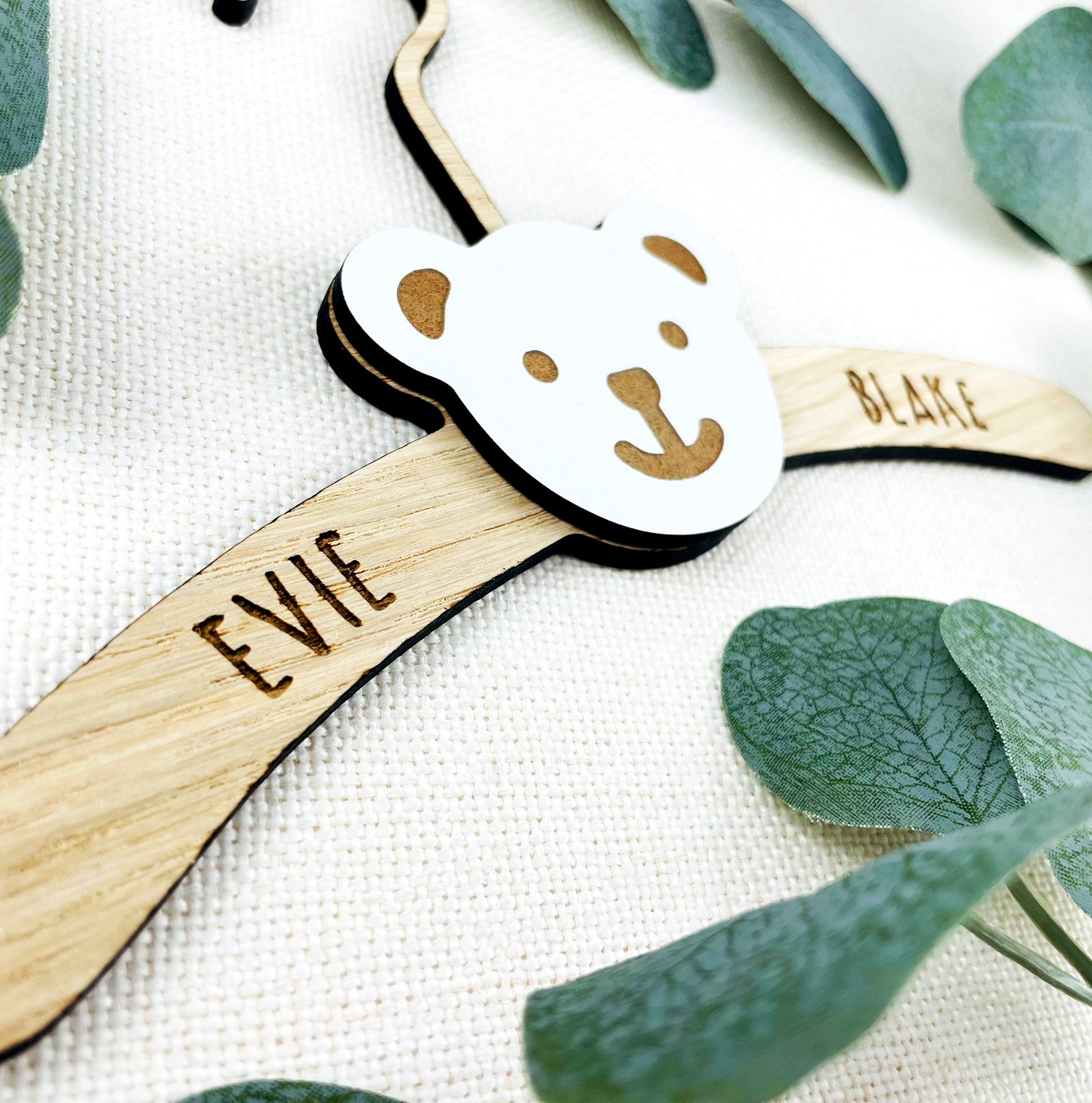 Personalised New Baby Clothes Hanger Wooden Hanger with Bear Face - Oak Wood