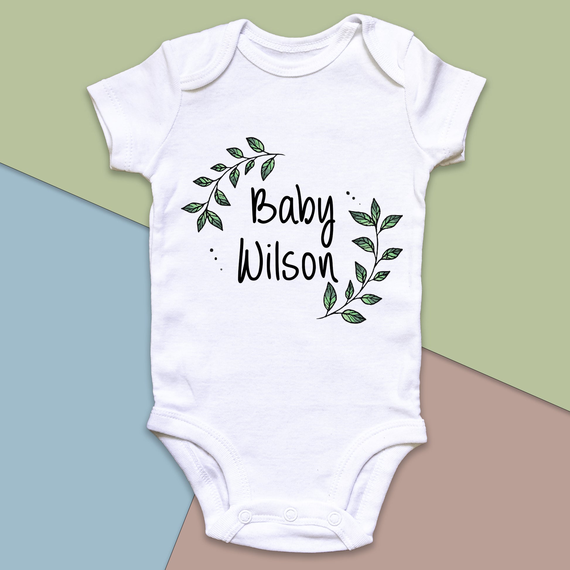 Personalised Baby Surname Botanical Leaf Wreath Baby Grow Vest