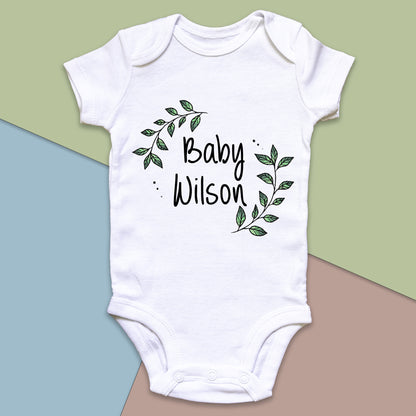Personalised Baby Surname Botanical Leaf Wreath Baby Grow Vest