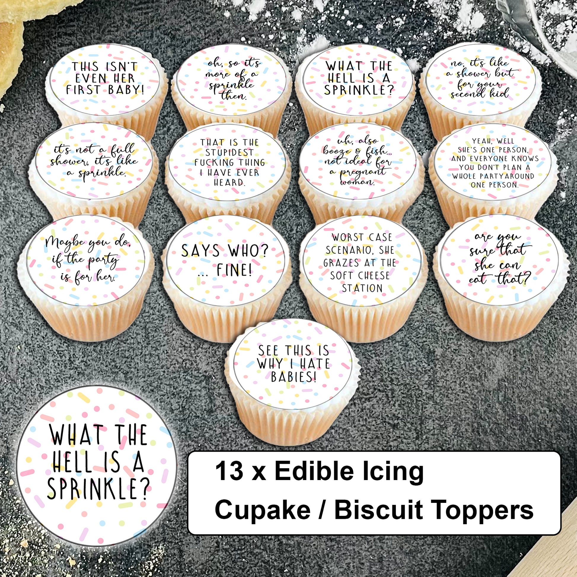 Baby Shower 'This isn't even her first baby!' Sprinkle Cupcake Biscuit Toppers x 13 - Baby Shower Cake - Funny Baby Shower - Mummy Again