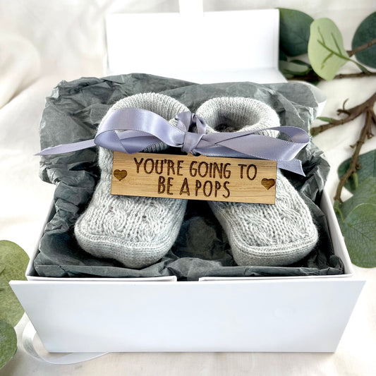 Guess What 'You're going to be a Pops' Pregnancy Announcement Gift Boxed Grey Booties