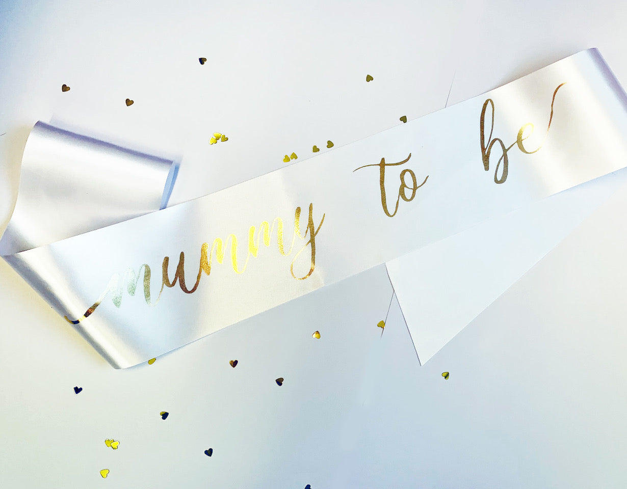Mummy to Be Baby Shower, Gender Reveal Sash - White with Gold Text