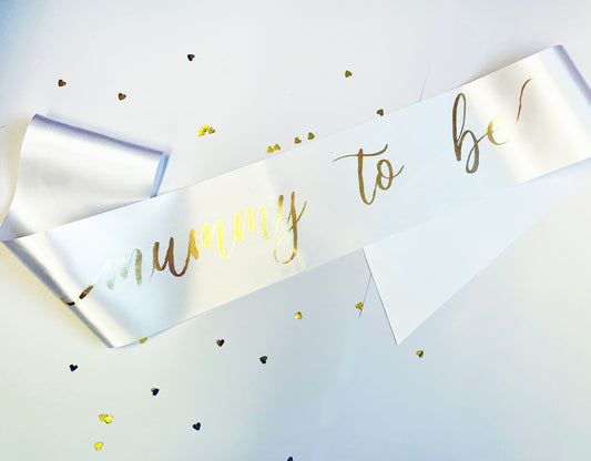 Mummy to Be Baby Shower, Gender Reveal Sash - White with Gold Text