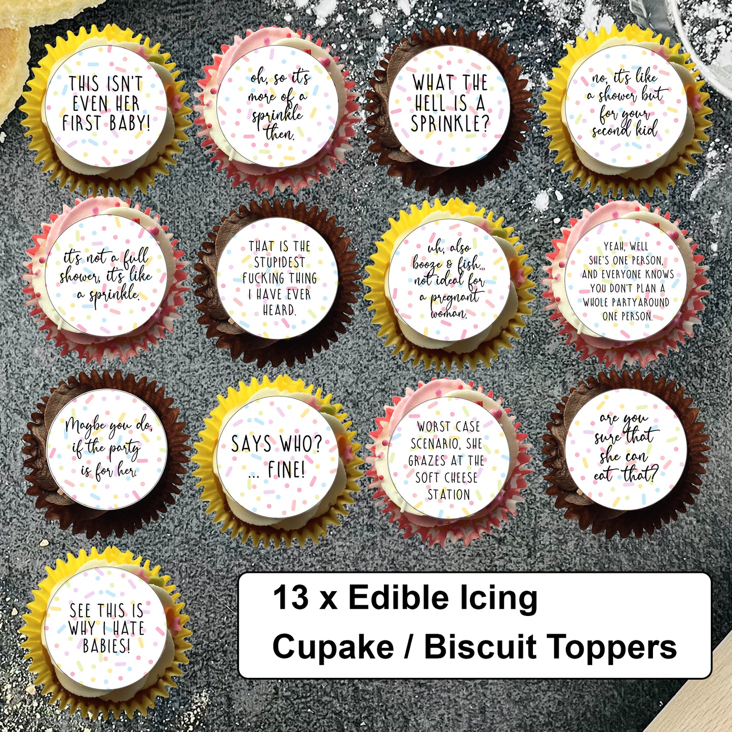Baby Shower 'This isn't even her first baby!' Sprinkle Cupcake Biscuit Toppers x 13 - Baby Shower Cake - Funny Baby Shower - Mummy Again
