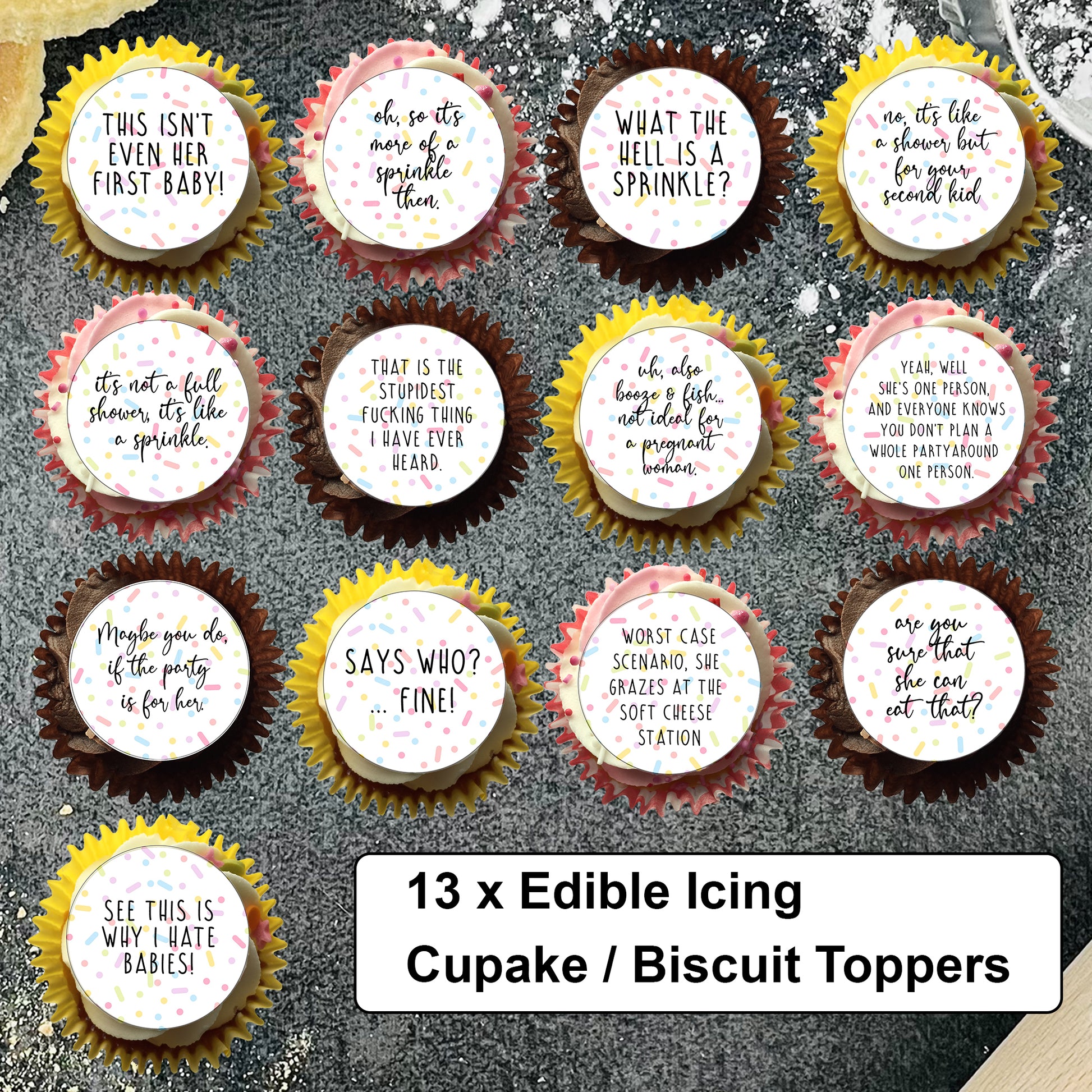 Baby Shower 'This isn't even her first baby!' Sprinkle Cupcake Biscuit Toppers x 13 - Baby Shower Cake - Funny Baby Shower - Mummy Again