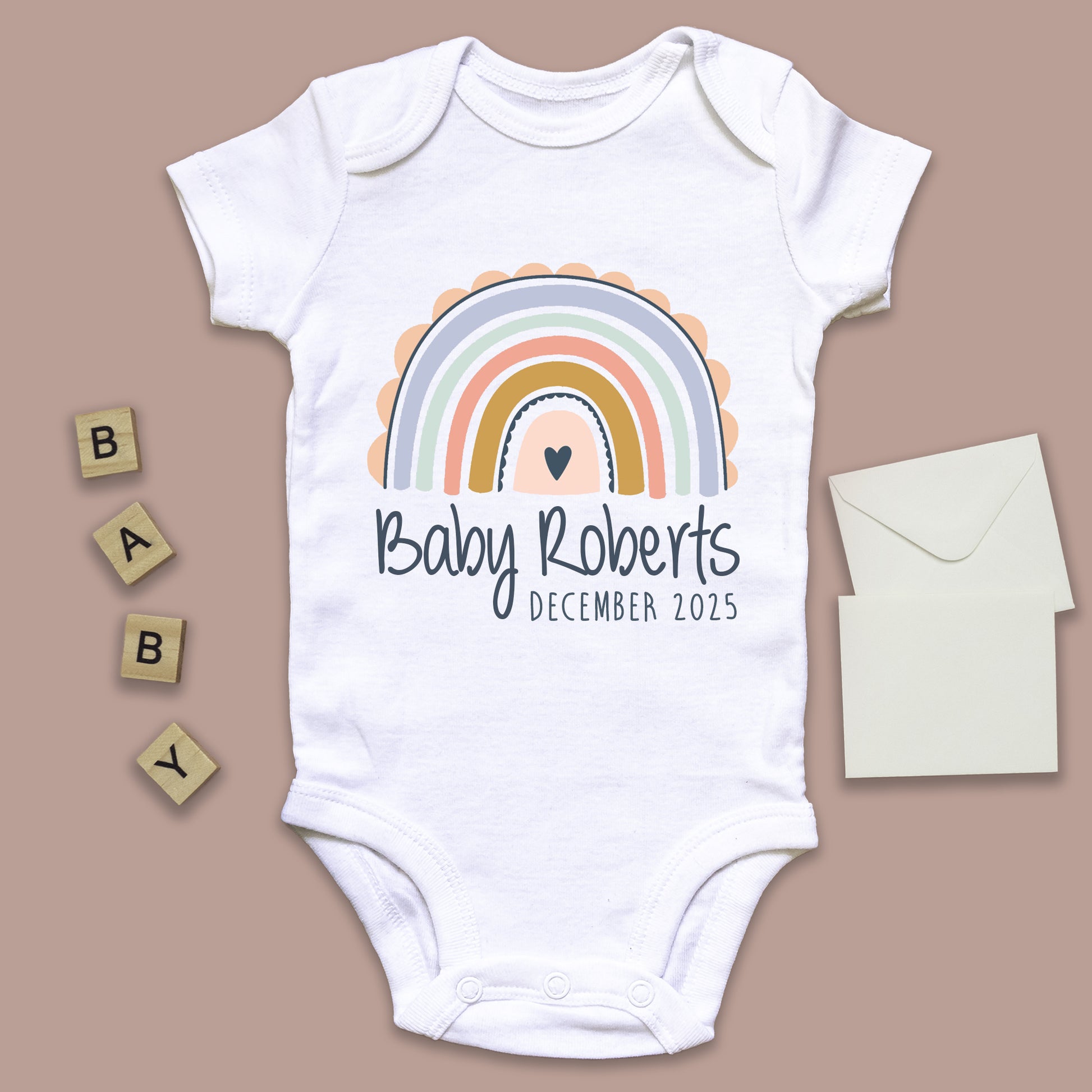 Personalised Surname Baby Grow Vest - Pastel Rainbow - Baby Name - New baby