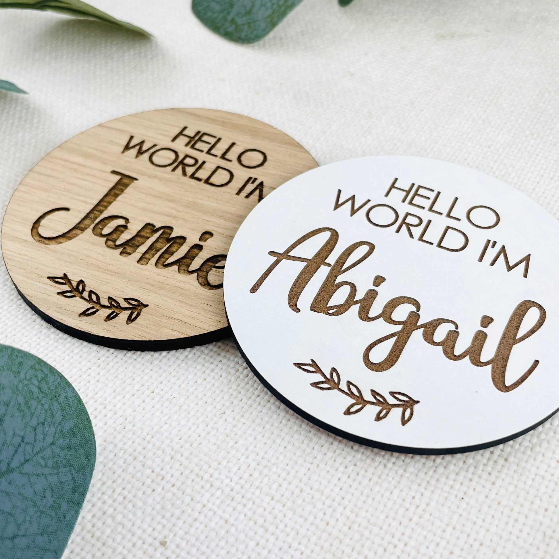Hello World I'm Name Wooden Disk Photo Prop - Add any Name