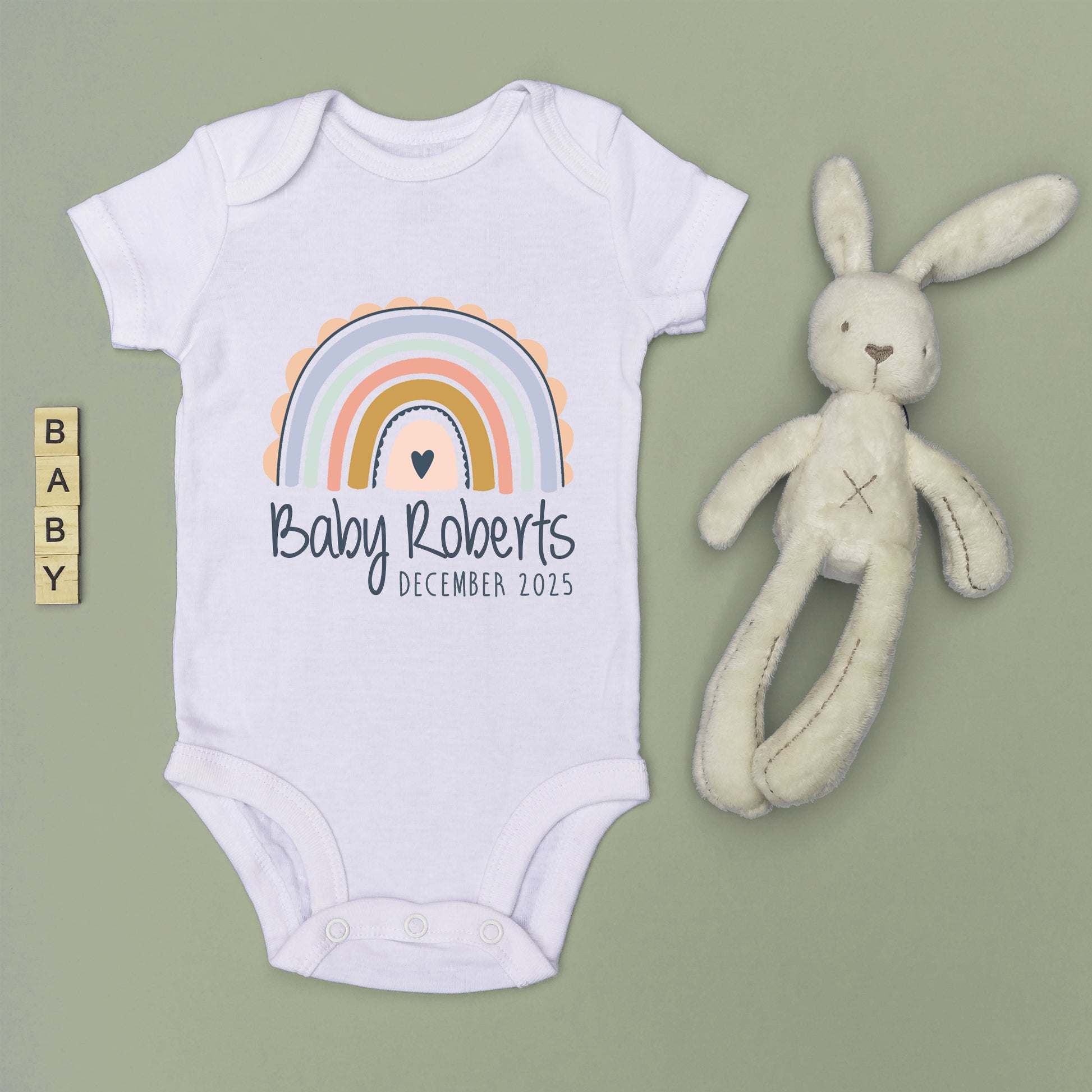Personalised Surname Baby Grow Vest - Pastel Rainbow - Baby Name - New baby