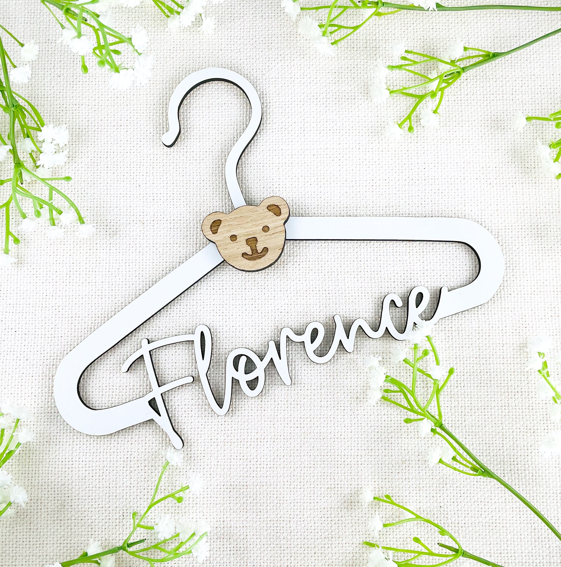 Personalised New Baby Clothes Hanger Wooden Hanger with Bear Face - White Wood
