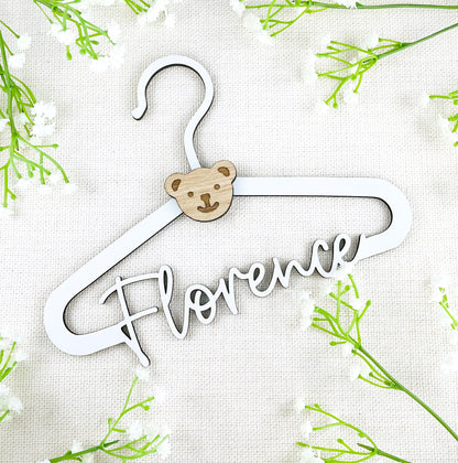 Personalised New Baby Clothes Hanger Wooden Hanger with Bear Face - White Wood
