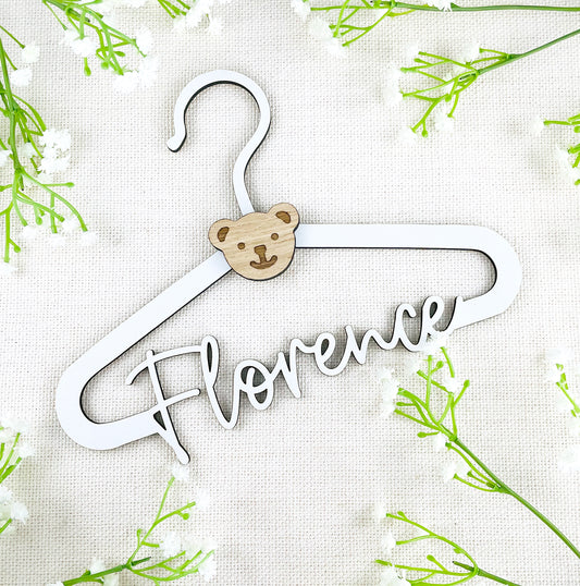 Personalised New Baby Clothes Hanger Wooden Hanger with Bear Face - White Wood