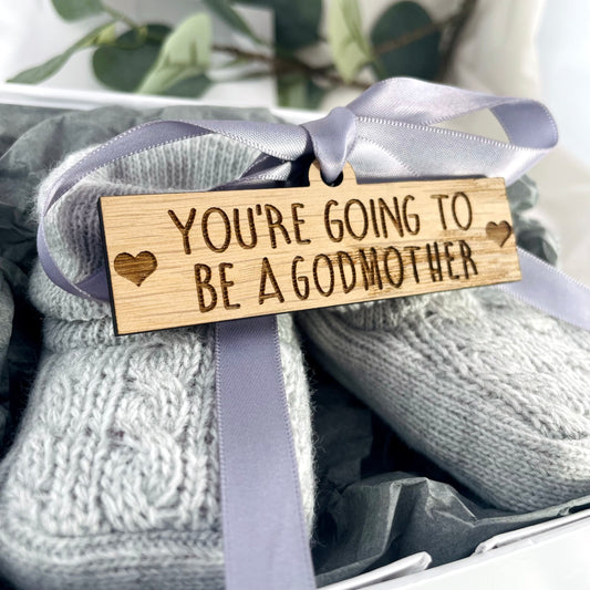 Guess What 'You're going to be a Godmother' Pregnancy Announcement Gift Boxed Grey Booties