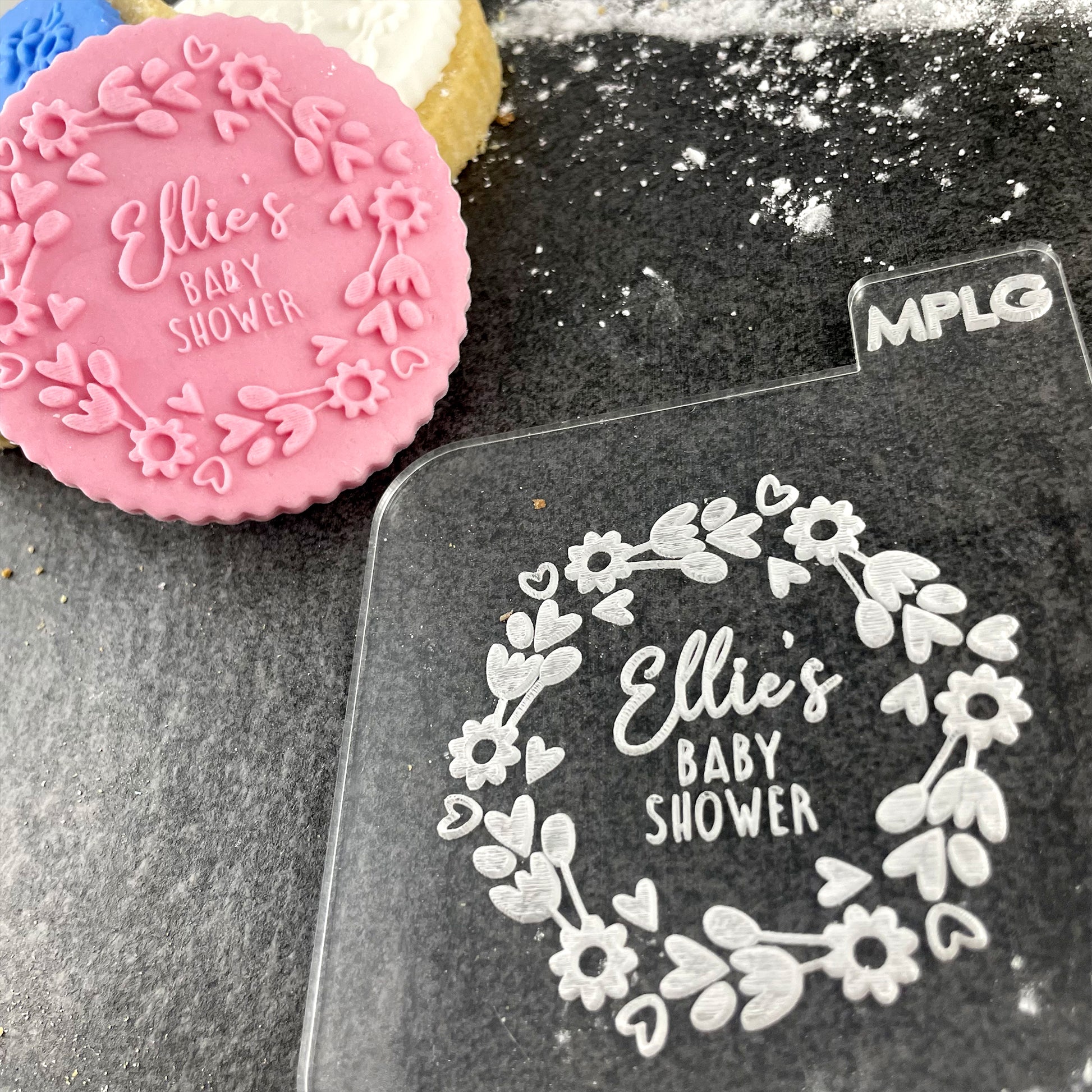 Personalised Baby Shower Icing Stamp Embosser for Biscuits, Cookies, Cupcakes - Flowers & Hearts