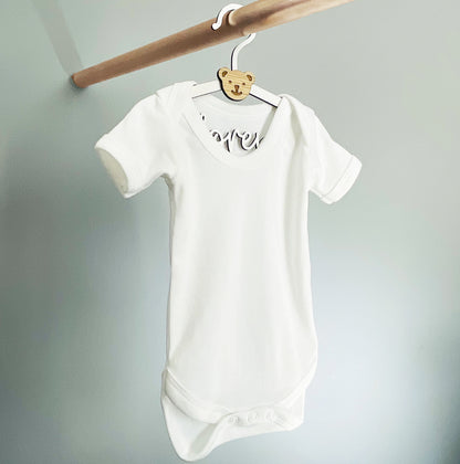 Personalised New Baby Clothes Hanger Wooden Hanger with Bear Face - White Wood