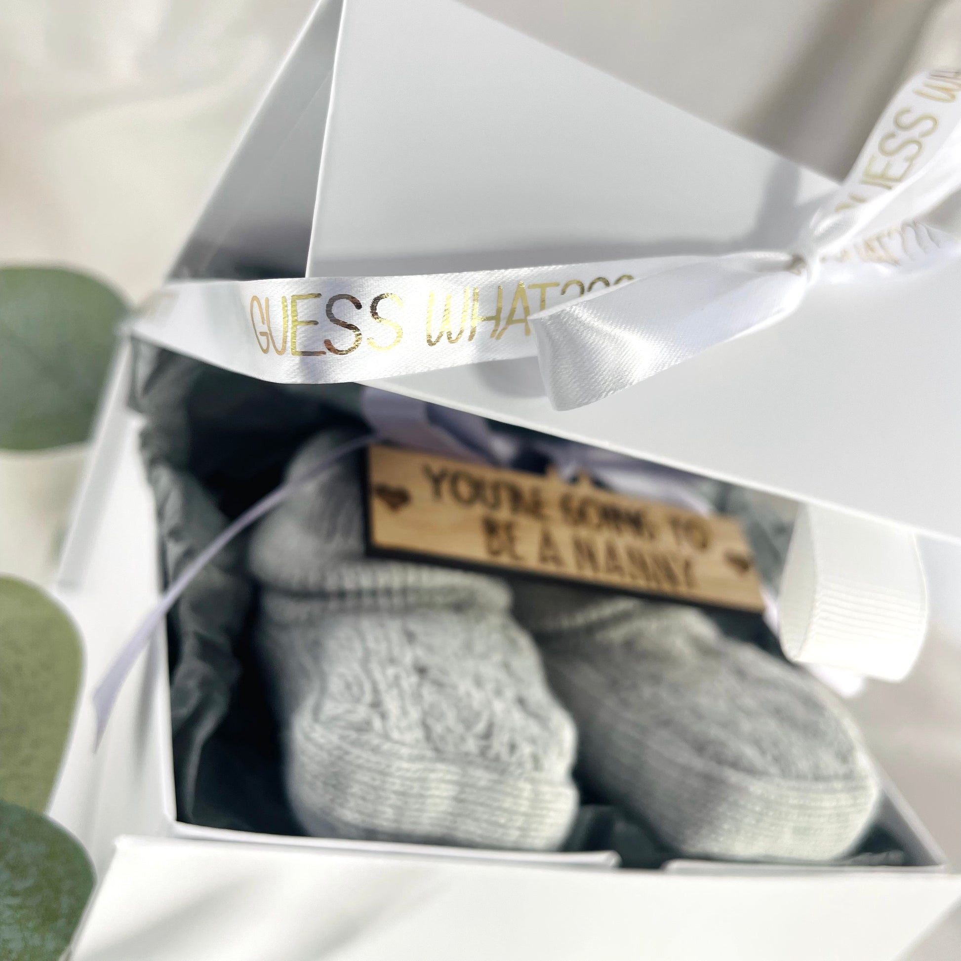 Guess What 'You're going to be a Nanny' Pregnancy Announcement Gift Boxed Grey Booties
