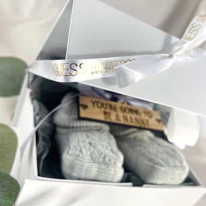 Guess What 'You're going to be a Nanny' Pregnancy Announcement Gift Boxed Grey Booties