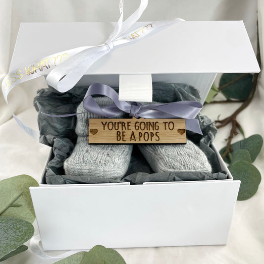 Guess What 'You're going to be a Pops' Pregnancy Announcement Gift Boxed Grey Booties