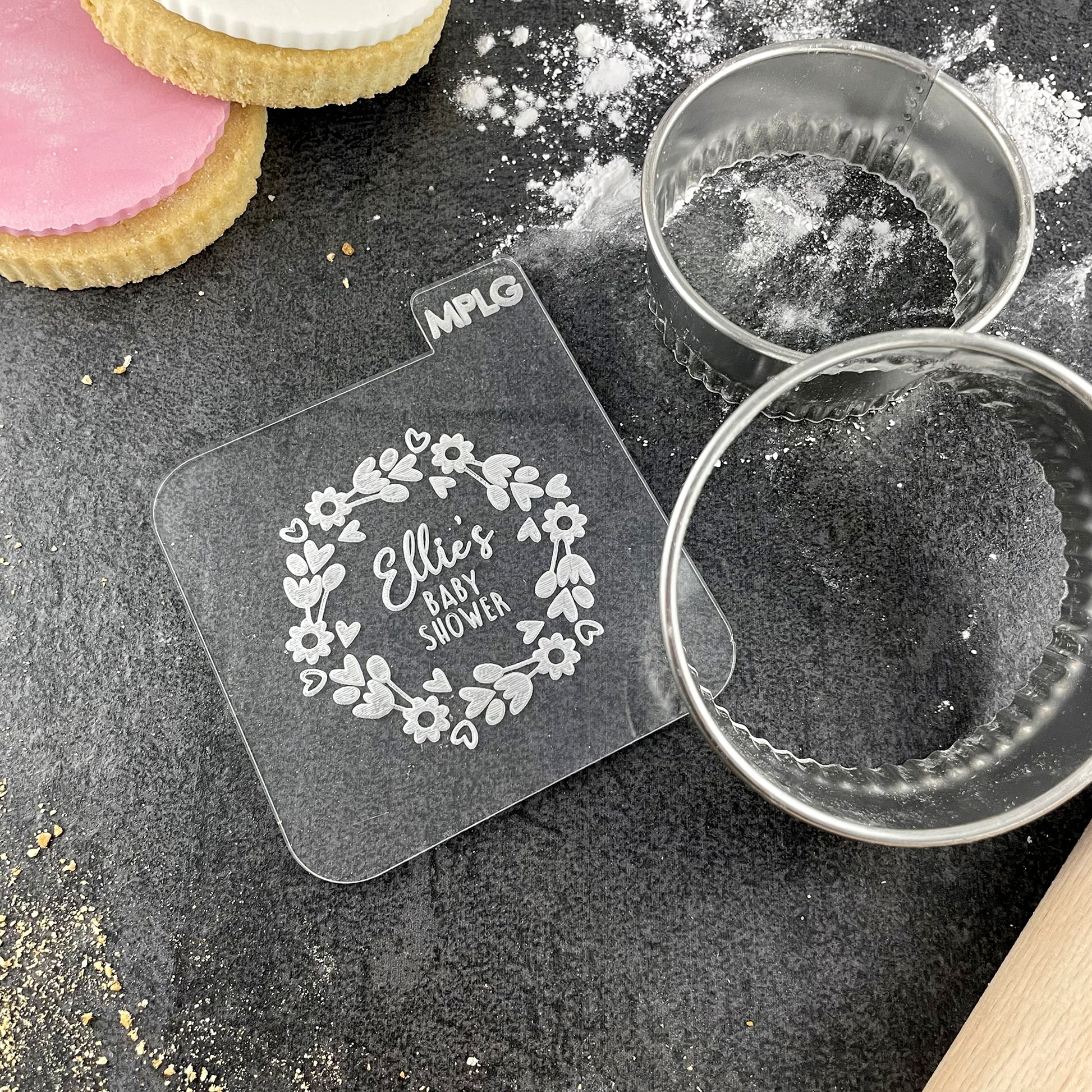 Personalised Baby Shower Icing Stamp Embosser for Biscuits, Cookies, Cupcakes - Flowers & Hearts