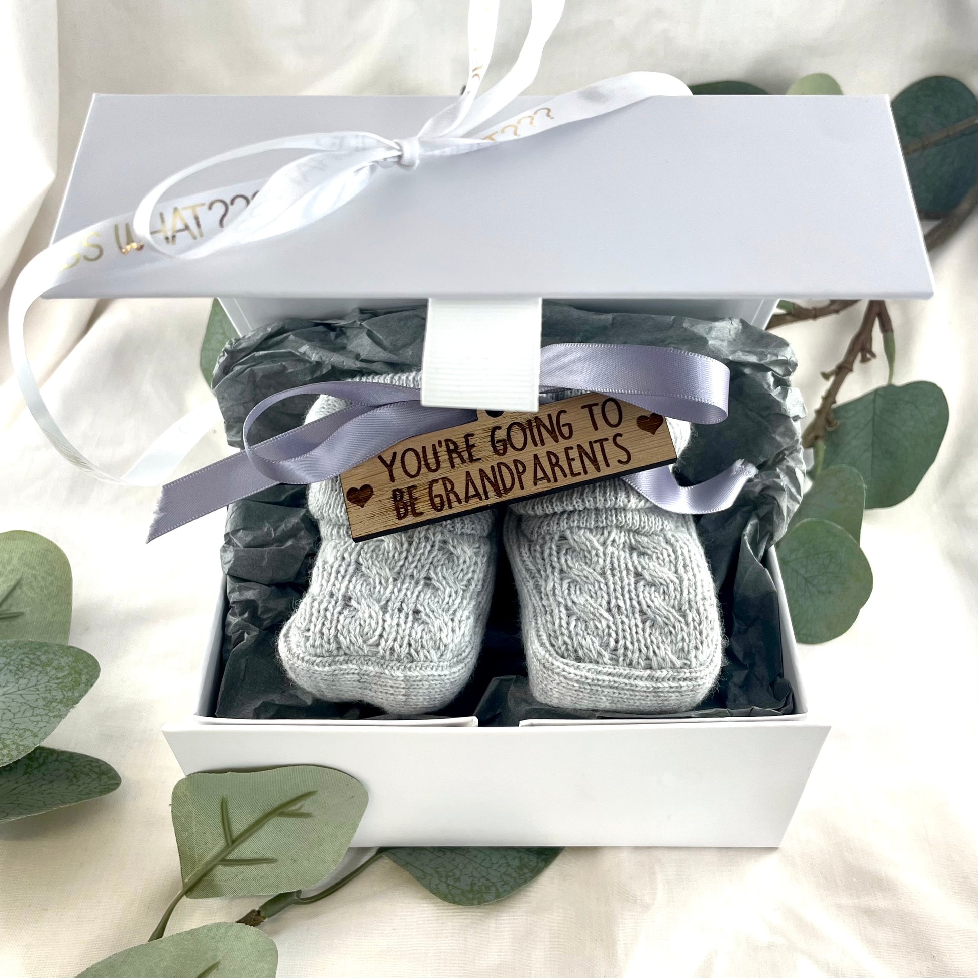 Guess What 'You're going to be Grandparents' Pregnancy Announcement Gift Boxed Grey Booties